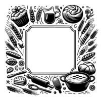 Black and white illustration of bakery elements surrounding a blank square frame, a stylized baking motif. vector