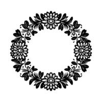 Elegant circular floral design a monochrome black and white botanical wreath, showcasing detailed flower and leaf patterns, isolated on white. vector