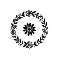 Detailed black and white floral wreath and central flower arrangement, showcasing elegant, minimalistic botanical design. vector