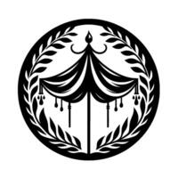 Ornate black and white emblem elegant tentlike structure with draped canopy, decorative wreath border, and a minimalist aesthetic vector