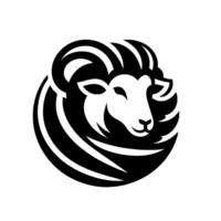Minimalist black and white ram logo a smiling sheeps head surrounded by swirling horns in a circular design. vector
