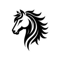 A minimalist, elegant, and stylized black and white illustration of a horses head in profile, featuring dynamic flowing mane. vector