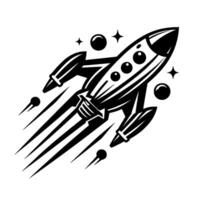 Stylized black and white rocket ship soaring through space with stars and spheres retro vector