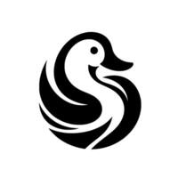 Stylized black and white duck with curved wings and head facing right, minimalist design, isolated on white. vector