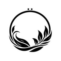Black and white minimalist floral enclosed in a circle, featuring leaves and curving stems with two dots. vector