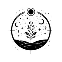 Celestial botanical circle minimalist black and white illustration depicting a growing plant against a starry night sky, encompassed within a round frame. vector
