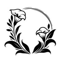 Elegant black and white floral frame two calla lilies, leafy stems, and a delicate arch on a simple white background. vector