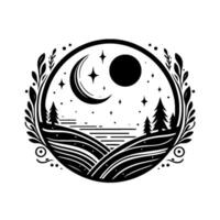 A monochrome circular of a night landscape with rolling hills, pine trees, a crescent moon, stars, and a full moon, encircled by stylized foliage. vector