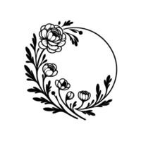 Elegant black and white floral wreath, featuring blossoming flowers and leaves, forming a circular frame, ideal for invitations and designs. vector