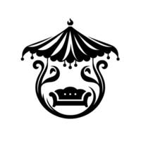 Black and white ornamental illustration of a couch under a decorative gazebo with a stylized floral frame vector