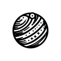 Abstract black and white stylized planet illustration with layered stripe pattern, dots, and starlike shapes, eyelike detail. vector
