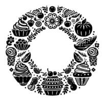 A monochrome, circular wreath of assorted desserts and natural elements, arranged in a symmetrical, decorative pattern. vector