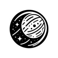 Black and white celestial illustration of planet and crescent moon within a circular frame with stars. vector
