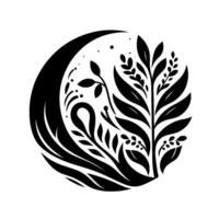 Black and white botanical moon composition a stylized crescent embrace flourishing flora vector