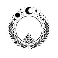 Celestial botanical frame featuring crescent moons, stars, a central tree design, and laurellike foliage encircling a blank space. vector