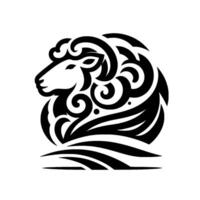 Black and white stylized tribalinspired sheep logo, featuring intricate swirl patterns and a minimalist, elegant on a white background. vector
