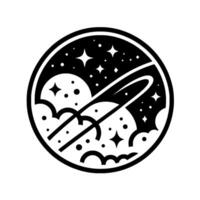 Black and white circular featuring stars, clouds, and a curved trajectory in a cosmos design. vector