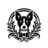 Elegant black and white dog portrait within a circular laurel wreath, bowtie, and ornate border. vector