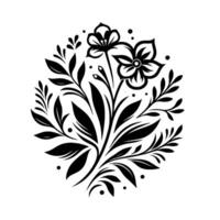 Monochromatic floral emblem black and white artistic illustration of a stylized bouquet with leaves and blooming flowers, arranged in a circular composition against a white background. vector