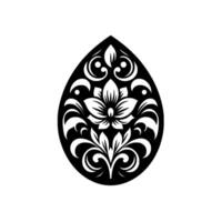 Intricate teardropshaped black and white floral featuring a central lotus flower, encircled by elegant scrolling leaves and ornamental patterns. vector