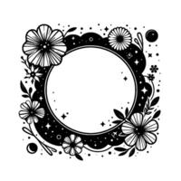 Elegant black and white floral frame with dots and stars, circling an empty circle space for text or a logo. vector