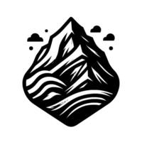 Black and white mountain icon geometric peak with swirls, clouds and dots, emblem of natures majesty. vector