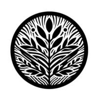 Intricate black and white circular emblem depicting a stylized tree branch with leaf patterns and zebrastripe vector