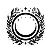 Celestial crescent wreath black and white illustration of a moon phase, stars, and botanical elements on a white background. vector