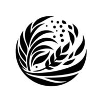 Black and white stylized floral in a circle, featuring leaves, berries, and organic shapes, creating a harmonious botanical illustration. vector