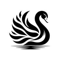 Elegant black swan silhouette with flowing wing feathers on water, minimalist design. vector