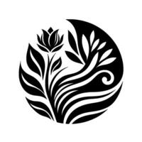 Elegant black and white floral in a circular yin yang composition with stylized petals, leaves, and organic forms. vector