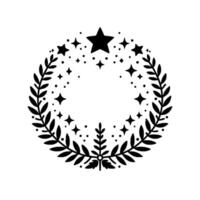 A symmetrical black and white illustration of a decorative wreath of laurel leaves and stars, creating a celestial border. vector
