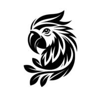 Stylized black and white parrot head with intricate feather detailing and a clean, minimalist on a white background. vector