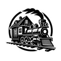 Of a steam trainhouse fusion, black and white, within a circular frame, on tracks, releasing smoke. vector