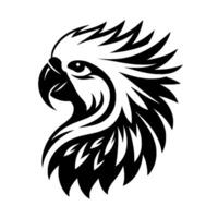 Striking illustration of an eagles head in black and white with intricate, sharp feather details, and a gaze. vector