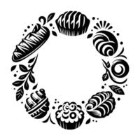 Black and white circular bakery frame bread, pastries, and floral elements arranged in a decorative border on white background. vector