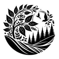 Circular black and white nature illustration tree, field, pine trees, flying bird, and leaves within a harmonious circle. vector