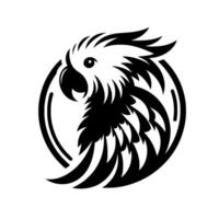 Bold black and white illustration of a cockatoo in a circular frame, showcasing detailed feathers and elegant design, logostyle. vector