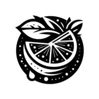 Bold black and white graphic sliced citrus fruit with leaves, and a droplet inside a circular border vector