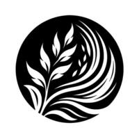 Monochromatic botanical emblem elegant black circle with white leafy sprig and flowing, curvilinear accent. vector