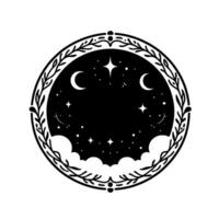 A monochrome celestial emblem featuring crescent moons, stars, and clouds, encircled by an ornate floral wreath, evoking a whimsical, magical aesthetic. vector