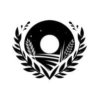 Emblem of a night field silhouette of moon, wheat leaves in a circle composition, with a starry night sky in black and white. vector