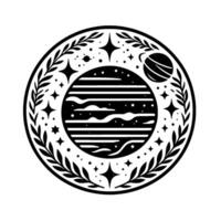 Circular black and white illustration featuring a stylized planet with horizontal stripes, a smaller ringed planet, stars, and a laurel wreath border against a white background, evoking space and natu vector