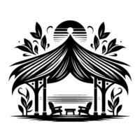 Intricate monochrome illustration of a tranquil gazebo with adirondack chairs, table, and natural foliage accents beneath a stylized sunset. vector