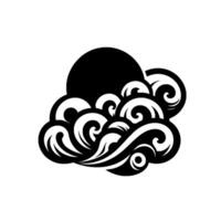 Abstract black and white illustration of stylized waves and a circular shape resembling the sun, cloud, or orb. vector