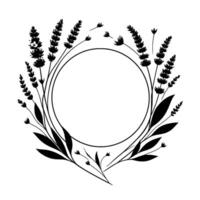 Monochromatic floral wreath featuring lavender and leaves encircling a clean, empty circle, perfect for invitations and elegant branding. vector