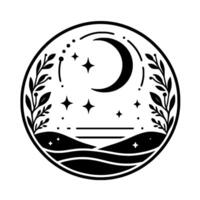 Minimalist celestial scene crescent moon, stars, landscape, and foliage, encapsulated in circular frame, black and white. vector