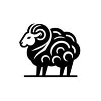 Stylized black and white ram silhouette with detailed curvilinear fleece, standing on a solid base, isolated. vector