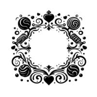 Elegant black and white candythemed circular frame with hearts, lollipops, sweets, and swirls on white background. vector