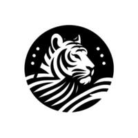 Monochrome minimalist emblem of a regal tiger head in profile, contained within a black circular frame with wavelike accents and dot details. vector